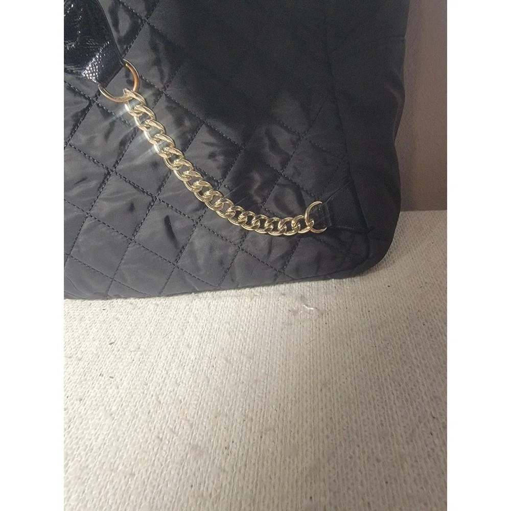 Victorias Secret Love Victoria Backpack Black Nylon Patch Gold Chain Quilted